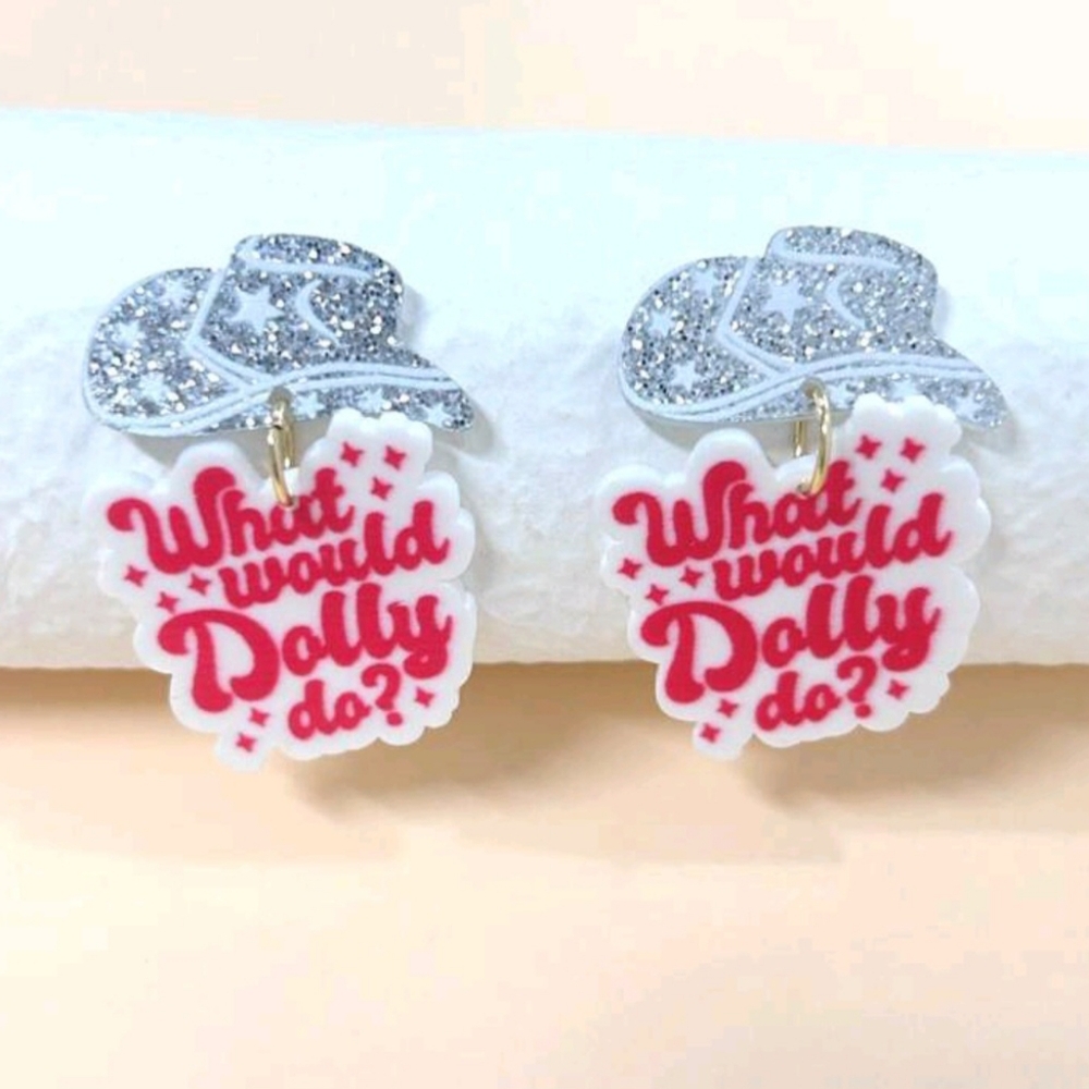 👱‍♀️HP! "What Would Dolly Do?" Acrylic Cowgirl Dolly Parton Earrings New!